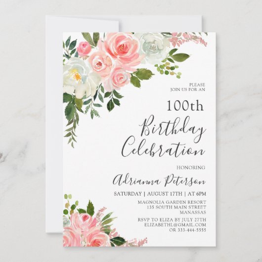 Romantische Blush Roze Rose Bloemen 100ste Verjaar Kaart (Voorkant)