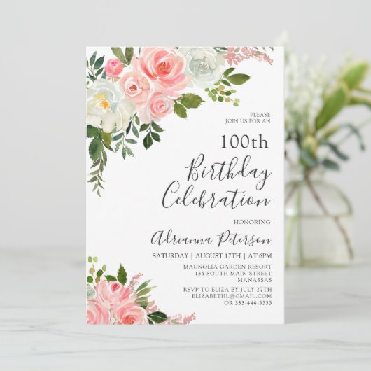 Romantische Blush Roze Rose Bloemen 100ste Verjaar Kaart (Staand voorkant)