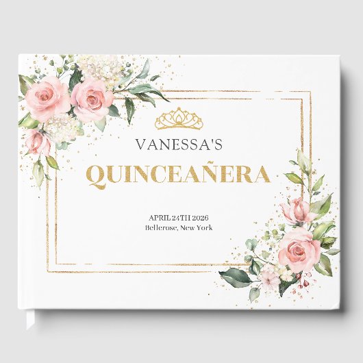 Romantische Blush roze rozen gouden tiara Quincean Gastenboek (Voorkant)