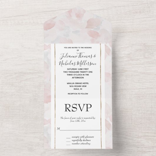 Romantische Blush Roze Rozenblaadjes Bloemen Huwel All In One Uitnodiging (Binnen)