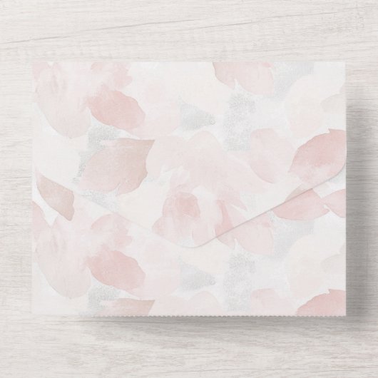 Romantische Blush Roze Rozenblaadjes Bloemen Huwel All In One Uitnodiging (Achterkant)