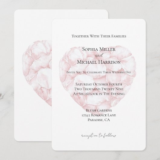Romantische Blush Roze Rozenblaadjes Hart Huwelijk Kaart (Voorkant / Achterkant)