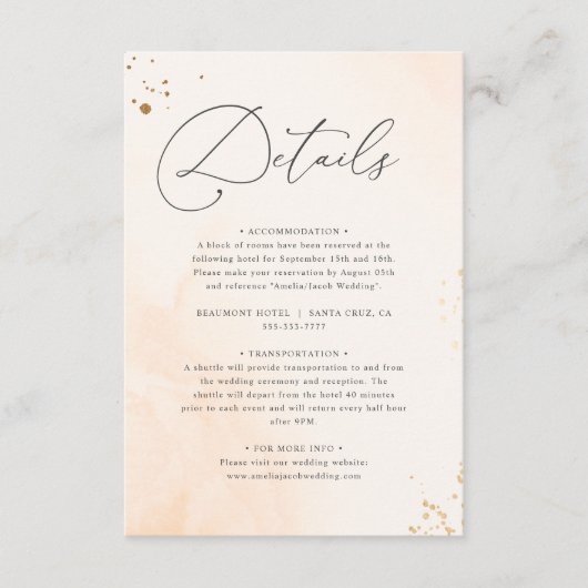 Romantische Blush Roze Waterverf Bruiloft Details Informatiekaartje (Voorkant)