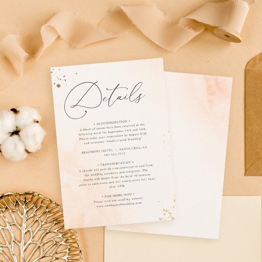 Romantische Blush Roze Waterverf Bruiloft Details Informatiekaartje