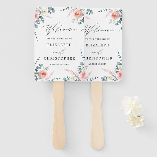 Romantische Blush Roze & Wit Bloemen Bruiloft Welk Handwaaier (Voorkant en achterkant)