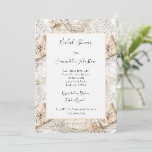 Romantische Blush Rozen Liefdesbrieven Bruiloft Kaart (Staand voorkant)
