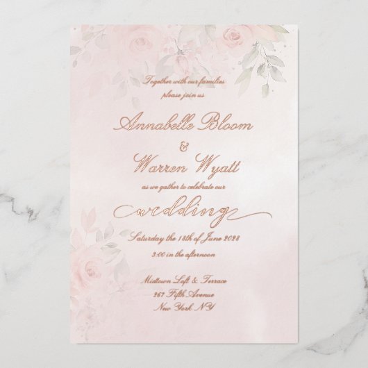 Romantische Blush Rozen Tuin 1 met Roos Gold Folie Uitnodiging (Voorkant)