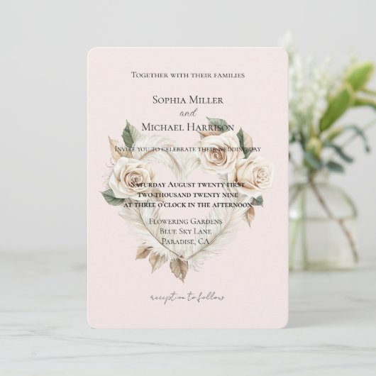 Romantische Blush Rozen Veren Bloemhart Bruiloft Kaart (Staand voorkant)