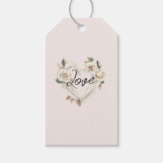 Romantische Blush Rozen Veren Hart Bruiloft Cadeaulabel (Voorkant)