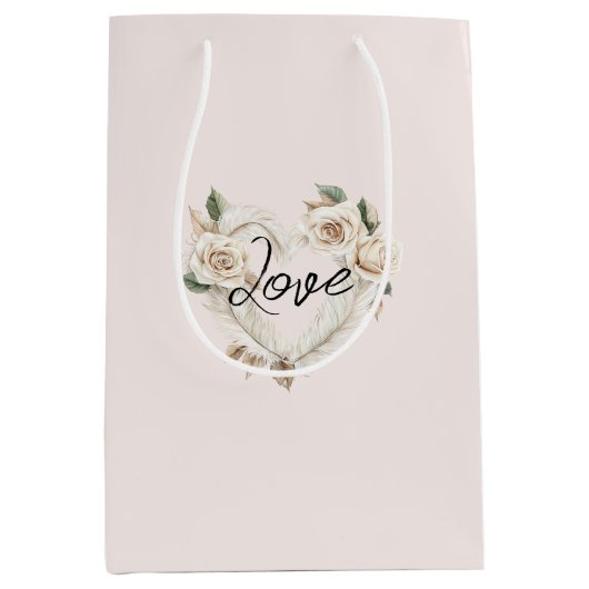 Romantische Blush Rozen Veren Hart Bruiloft Medium Cadeauzakje (Voorkant)
