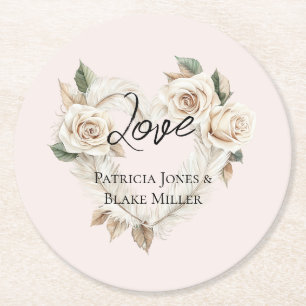 Romantische Blush Rozen Veren Hart Bruiloft Ronde Kartonnen Onderzetter