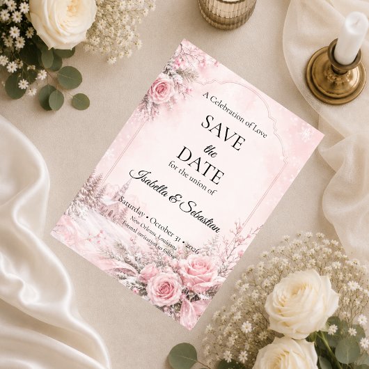Romantische Blush Winterhuwelijk Save The Date