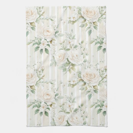 Romantische Blush Witte Rozen Bloem Strepen Theedoek (Verticaal)