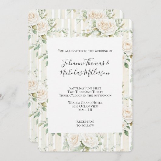 Romantische Blush Witte Rozen Bloemen Strepen Huwe Kaart (Voorkant / Achterkant)