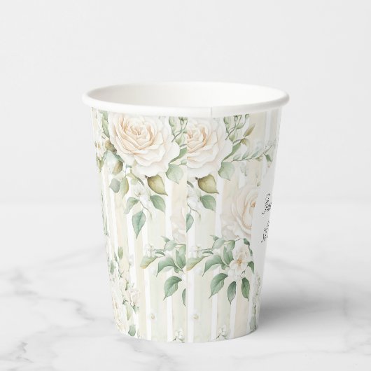Romantische Blush Witte Rozen Bloemen Strepen Huwe Papieren Bekers (Rechts)