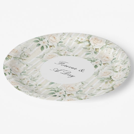 Romantische Blush Witte Rozen Bloemen Strepen Huwe Papieren Bordje (Gekanteld)