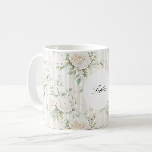 Romantische Blush Witte Rozen Bloemen Strepen Koffiemok (Voorkant links)