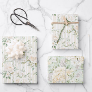 Romantische Blush Witte Rozen Bloemrijke Strepen T Inpakpapier Vel