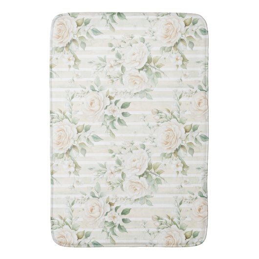 Romantische Blush Witte Rozen Bloemstrepen Badmat (Voorkant Verticaal)