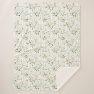 Romantische Blush Witte Rozen Bloemstrepen   Sherpa Deken