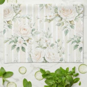 Romantische Blush Witte Rozen Bloemstrepen   Theedoek