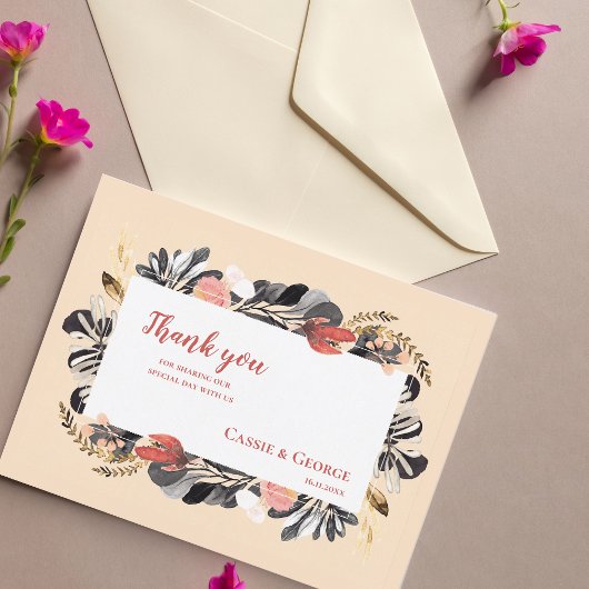 Romantische Blush & Zwarte Bloem Bruiloft Bedanktk Briefkaart