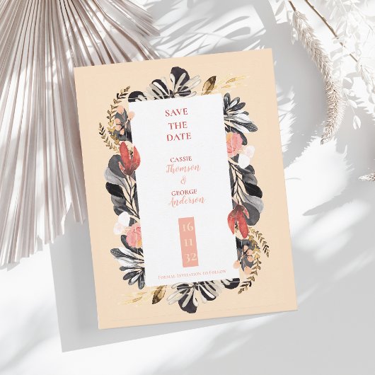 Romantische Blush Zwarte Bloem Bruiloft Save the D Briefkaart