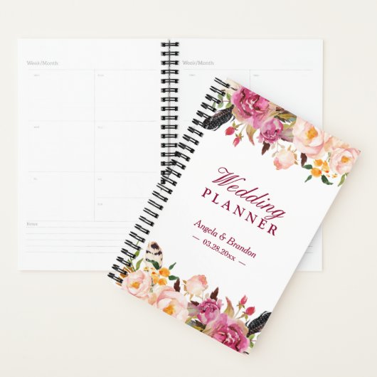 Romantische Boheemse Boho Floral Feather Wedding Planner (Display)