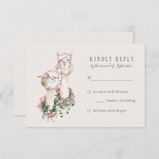 Romantische Boheemse Llama bruiloft RSVP Reageer (Voorkant / Achterkant)