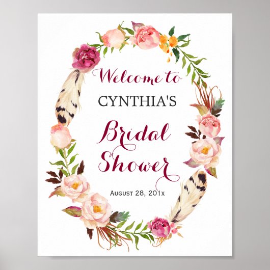 Romantische Boho Bloemenkrans Bruidsfeest Sign Poster (Voorkant)