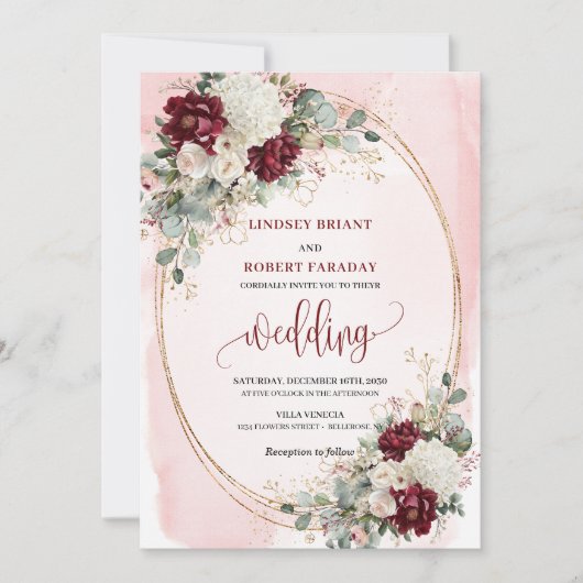 Romantische Boho Bourgondië Roos Uitnodigingsset H Kaart (Voorkant)