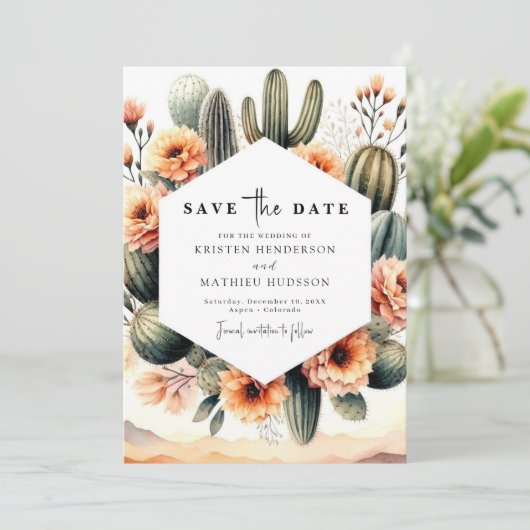 Romantische Boho Cactus bruiloft Save The Date (Staand voorkant)
