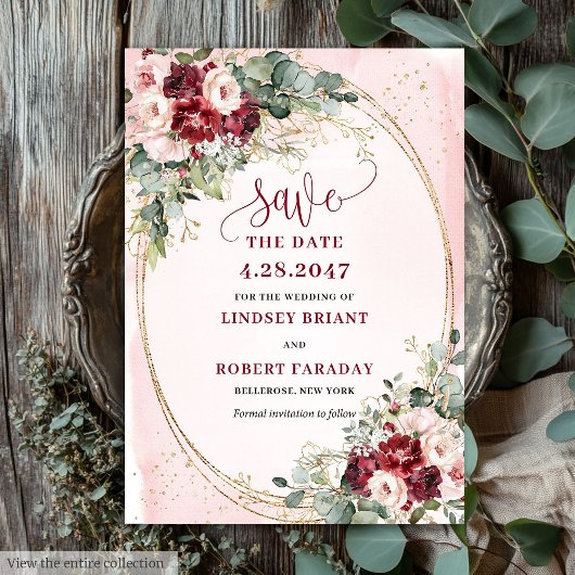 Romantische Boho Diep Rode Blush Gouden Bloemstuk  Kaart