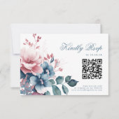 Romantische Boho Dusty Blue Floral Wedding RSVP QR (Voorkant)