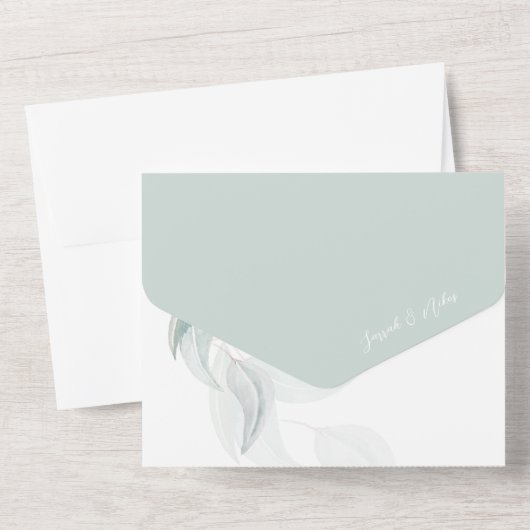 Romantische Boho Eucaliptus in Mint Waterverf Kuns All In One Uitnodiging (Achterkant)