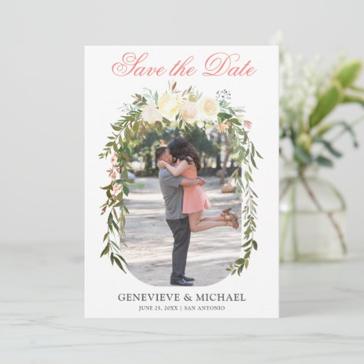 Romantische Boho Floral Arch Flat Save the Date Ka (Staand voorkant)
