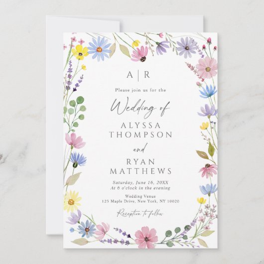 Romantische Boho Garden Wildflower Monogram Huweli Kaart (Voorkant)