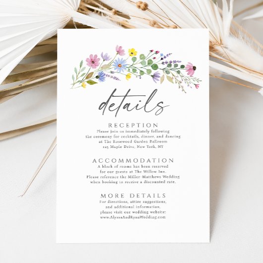Romantische Boho Garden Wildflower Wedding Details Informatiekaartje