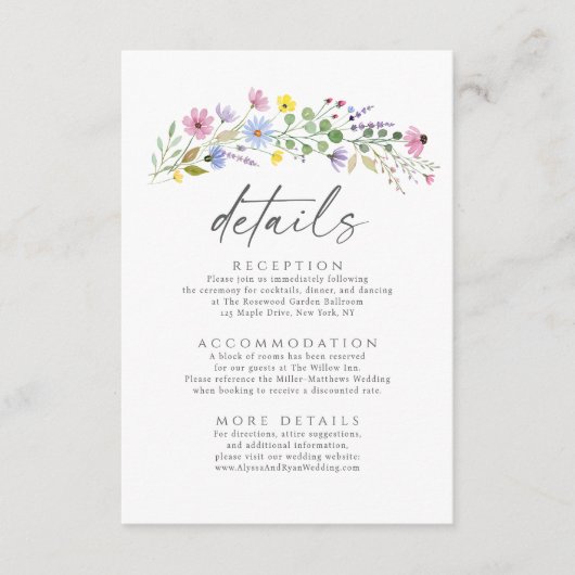 Romantische Boho Garden Wildflower Wedding Details Informatiekaartje (Voorkant)
