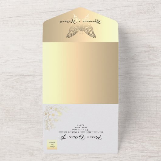 Romantische Boho Gold bruiloft All In One Uitnodiging (Buitenkant)