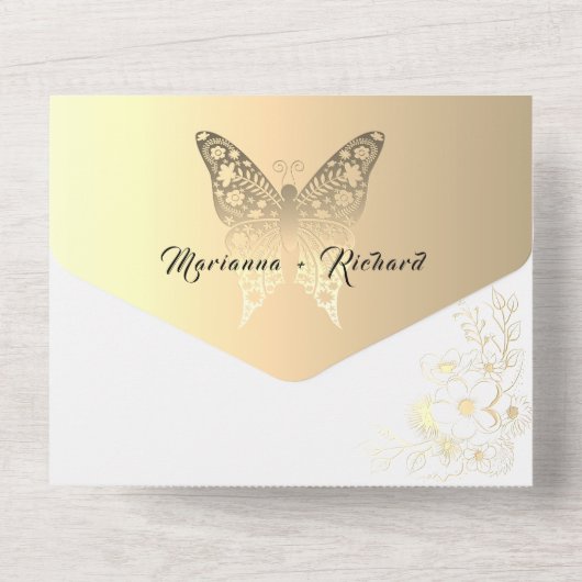 Romantische Boho Gold bruiloft All In One Uitnodiging (Achterkant)