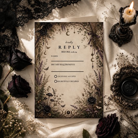 Romantische Boho Goth Huwelijk RSVP Kaartje