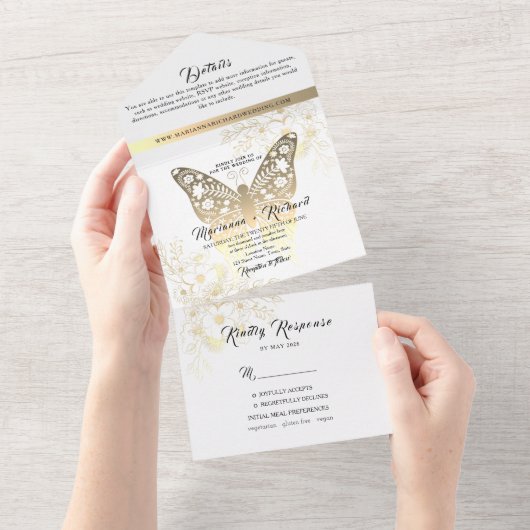 Romantische Boho Gouden Bruiloft All In One Uitnodiging (Afscheurbaar)