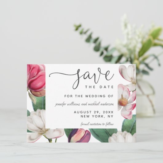 Romantische Boho Magnolia Bloemige Save the Date (Staand voorkant)