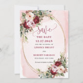 Romantische Boho Maroon Blush Gouden Bloemen Save  Kaart (Voorkant)