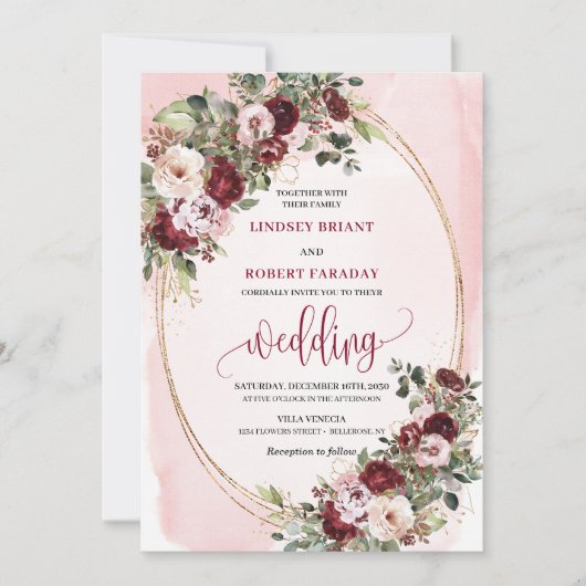 Romantische Boho Marsala Blush Gouden Rozen Bruilo Kaart (Voorkant)
