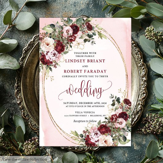 Romantische Boho Marsala Blush Gouden Rozen Bruilo Kaart