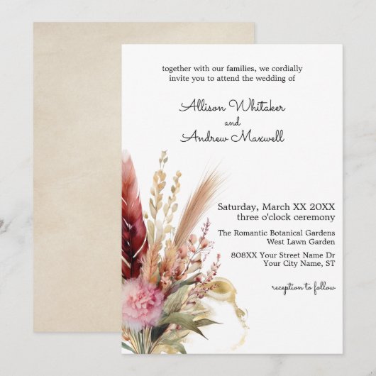 Romantische Boho Pampas Grass bruiloft Kaart (Voorkant / Achterkant)