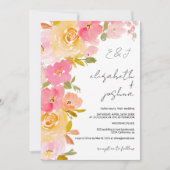 Romantische boho roze geel bloemenfoto bruiloft kaart (Voorkant)