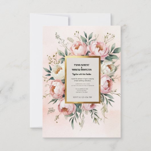 Romantische Boho – Roze Pioenrozen & Groene Blader RSVP Kaartje (Voorkant)